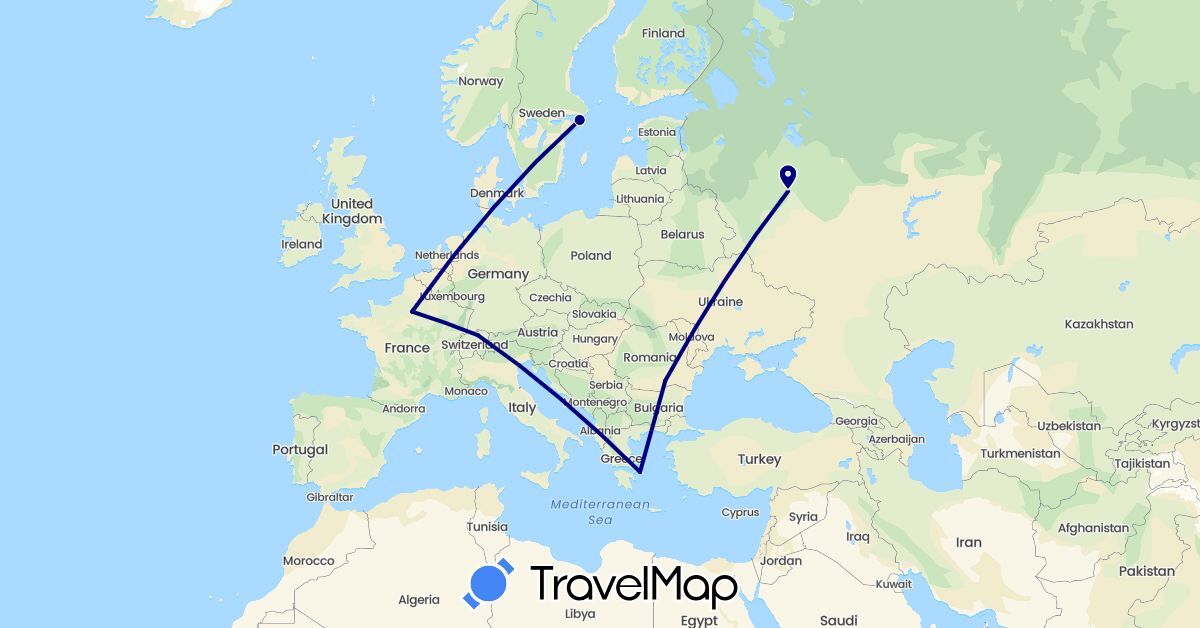 TravelMap itinerary: driving in Switzerland, France, Greece, Romania, Russia, Sweden (Europe)